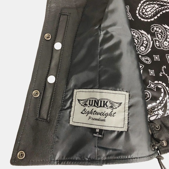 Unik Premium Women Sz M Black Leather Snap Front Vest Side Laces Paisley Liner - Picture 13 of 16